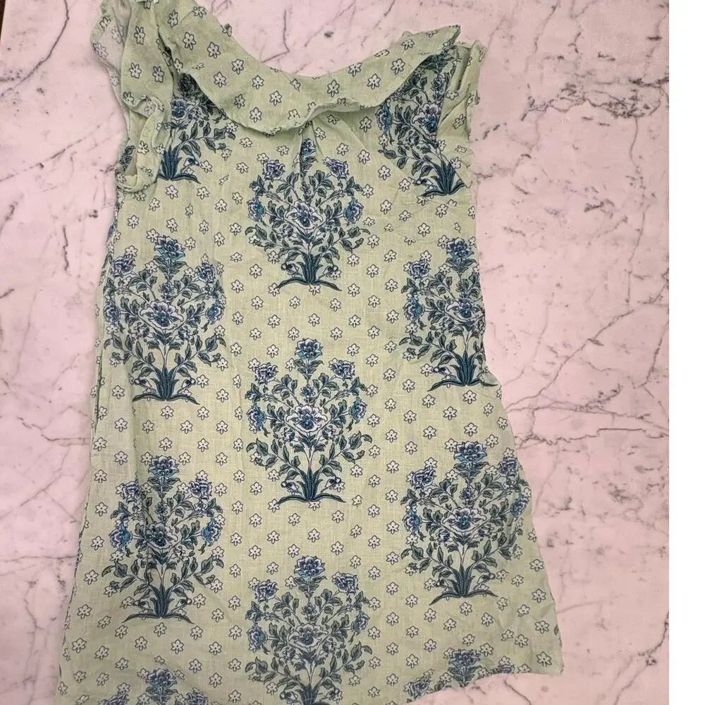 Roller Rabbit Yarrow Brenna Green Blue Floral Print Girls lined Linen Dress 6